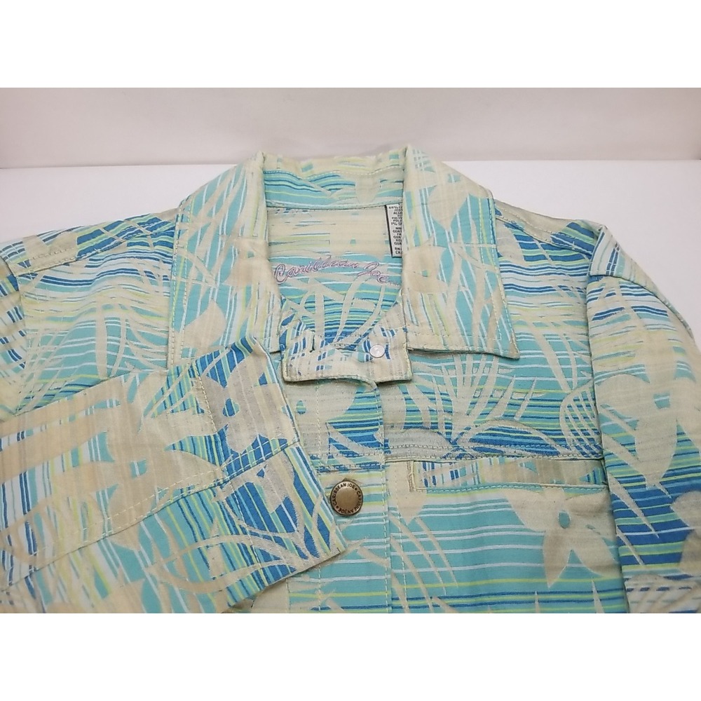Caribbean Joe Womens Hawaiian Floral Jean Jacket Stretch Blue‎ Green Large L